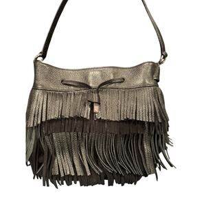 Ralph Lauren Cobden Black Cow Leather Fringe Shoulder Bag Purse Handbag Boho